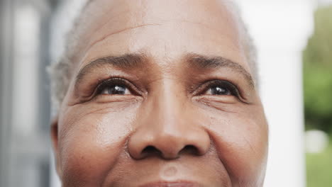 Retrato-De-Cerca-De-Una-Feliz-Mujer-Afroamericana-Mayor-Sonriendo-En-El-Jardín,-Cámara-Lenta