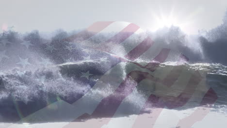 digital composition of waving us flag against waves in the sea