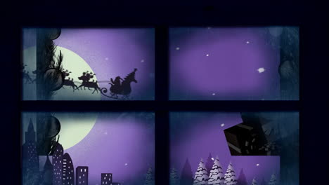 animation of santa claus in sleigh with reindeer in christmas winter scenery seen through window