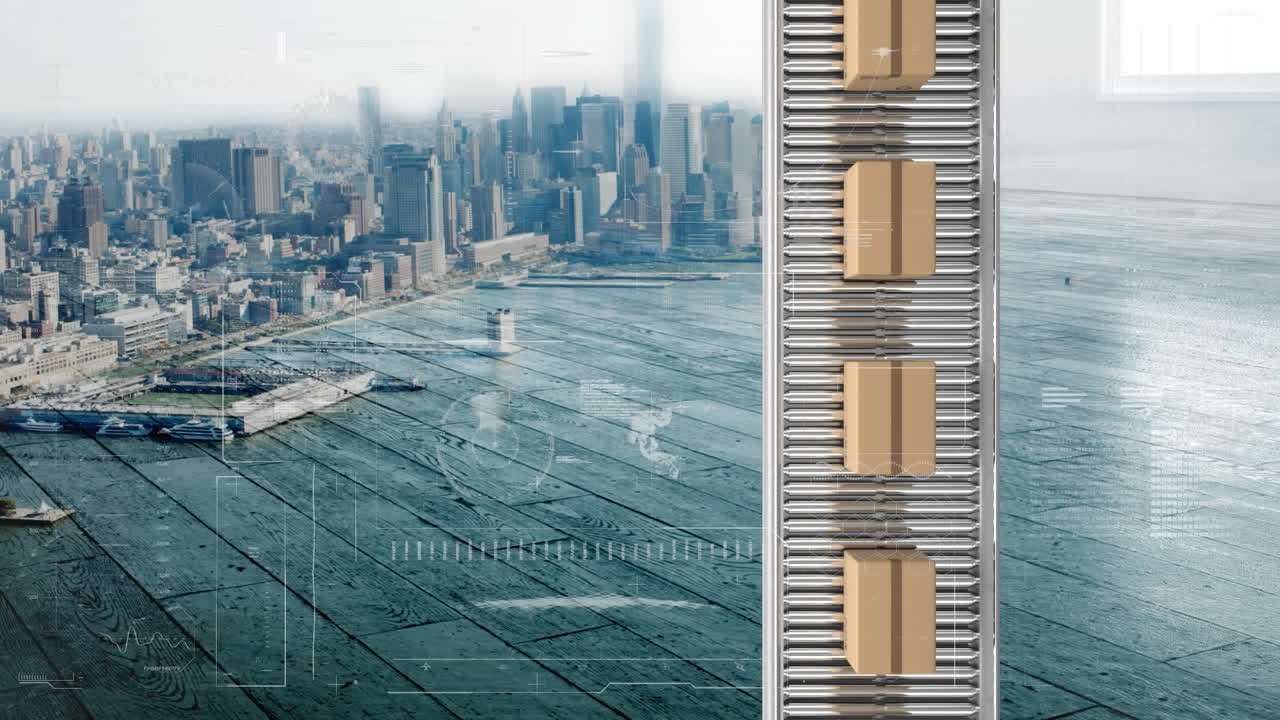 컨베이어 벨트에 있는 카드보드 상자 위에서 통계 처리의 애니메이션