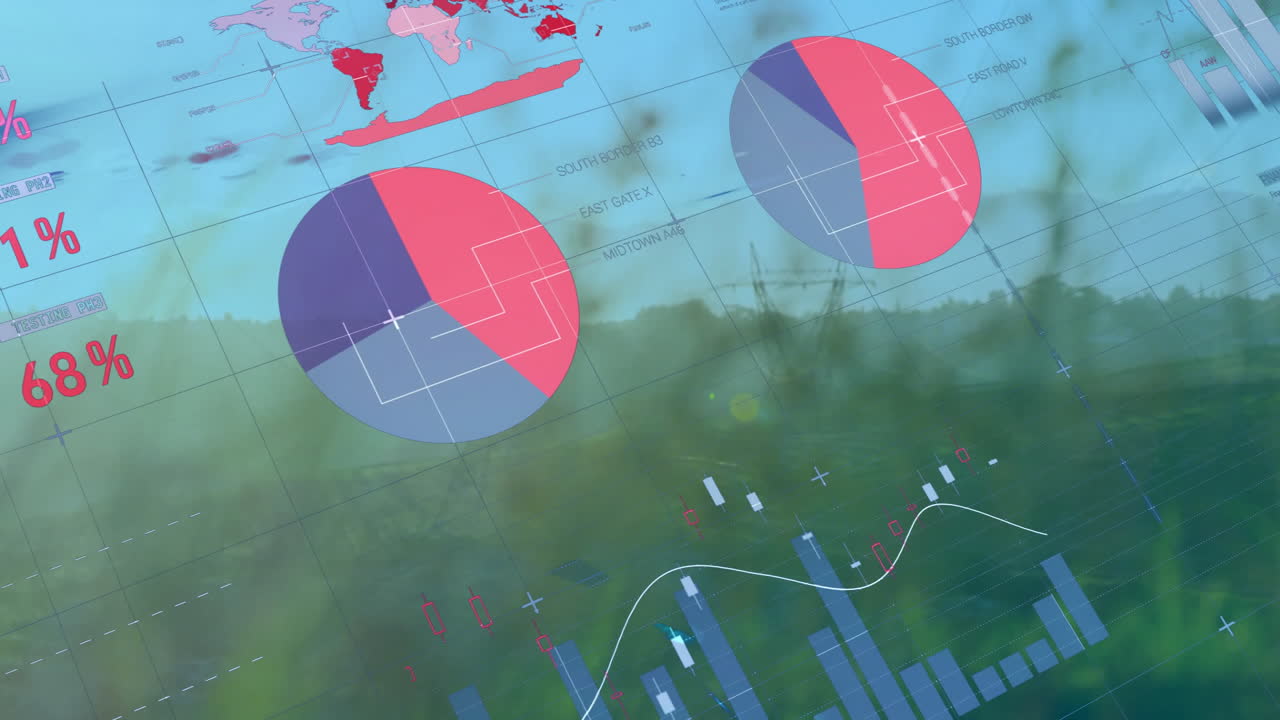 Flat design data graphics showing pie chart and bar graph overlaying grass field with tower