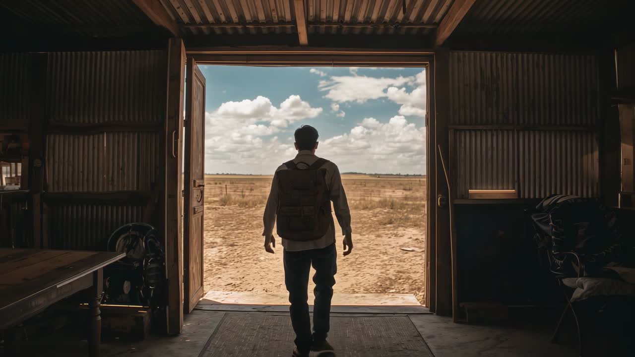 En mann med pakke som har på seg jakke og jeans stopper ved døråpningen til skuret, og går ut i tørt krattland