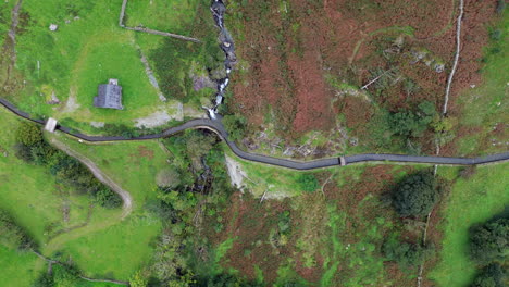 Ascending-shot-of-stream-flowing-through-green-natural-landscape