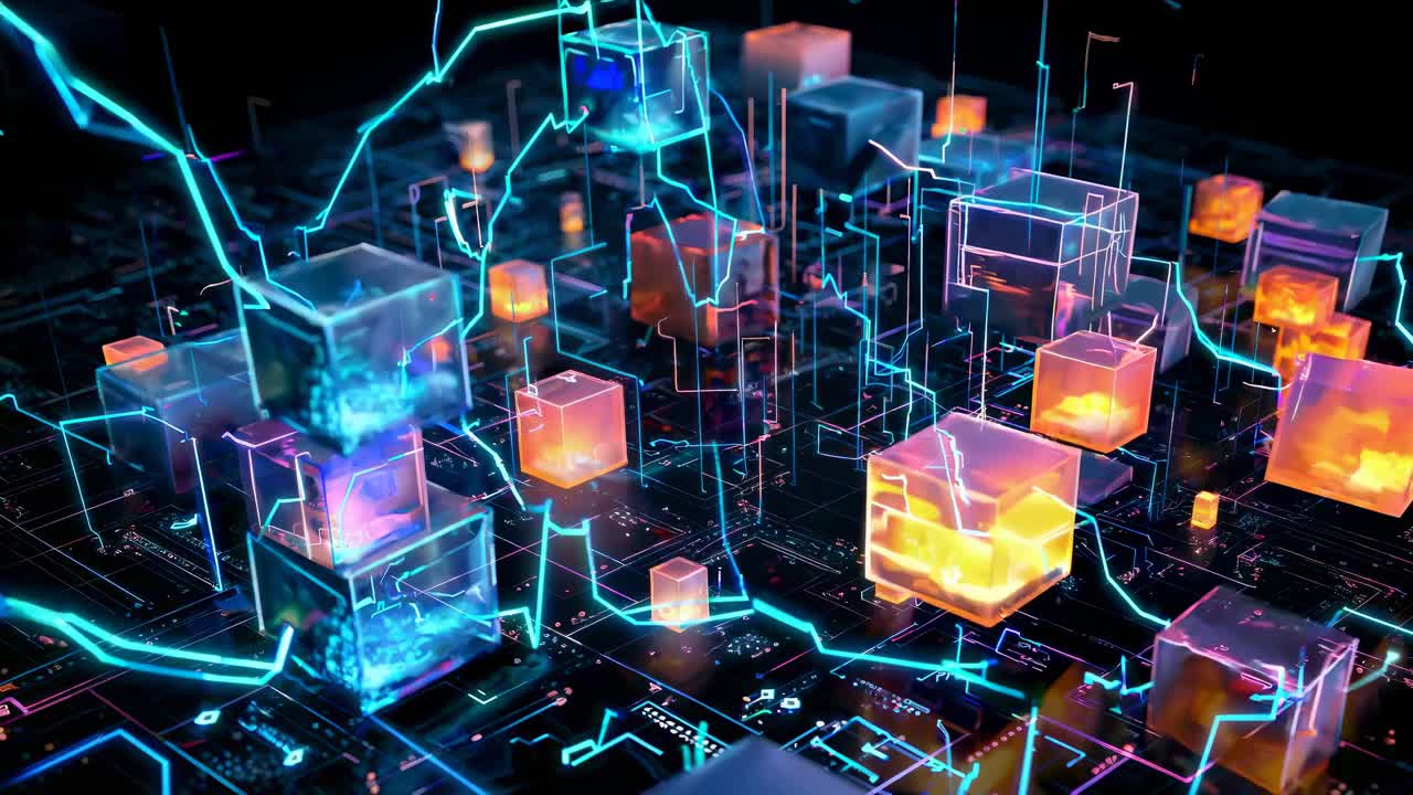 Futuristic video concept with glowing cubes and electric lines on a circuit board