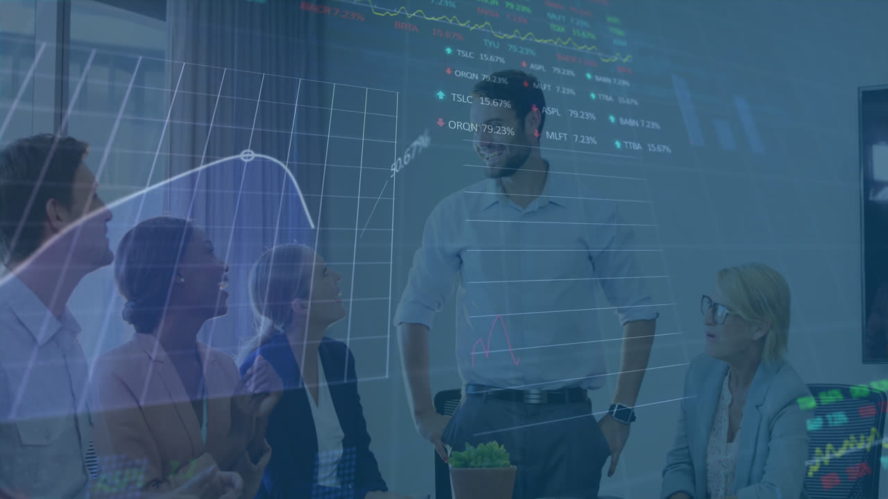 Animation of data processing against diverse team of colleagues clapping for caucasian man at office