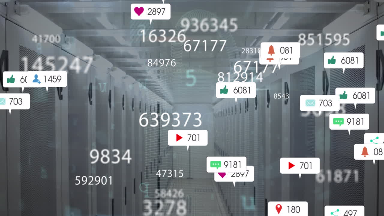 소셜 미디어 아이콘의 애니메이션, 번호 변경, 서버 을 통해 사이버 보안 데이터 처리