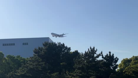 Airplane-landing-above-city-park-with-lush-green-trees,-clear-sky-in-the-background