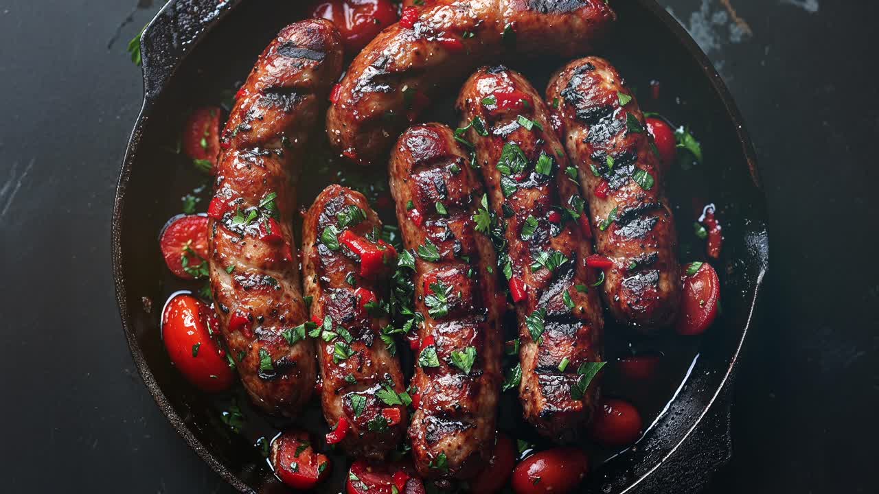 Grilled sausages and tomatoes in a cast iron skillet