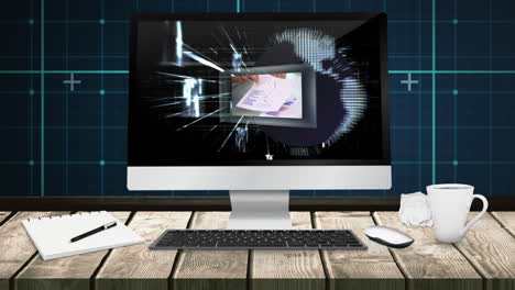 digital data processing over computer screen with documents on wooden desk