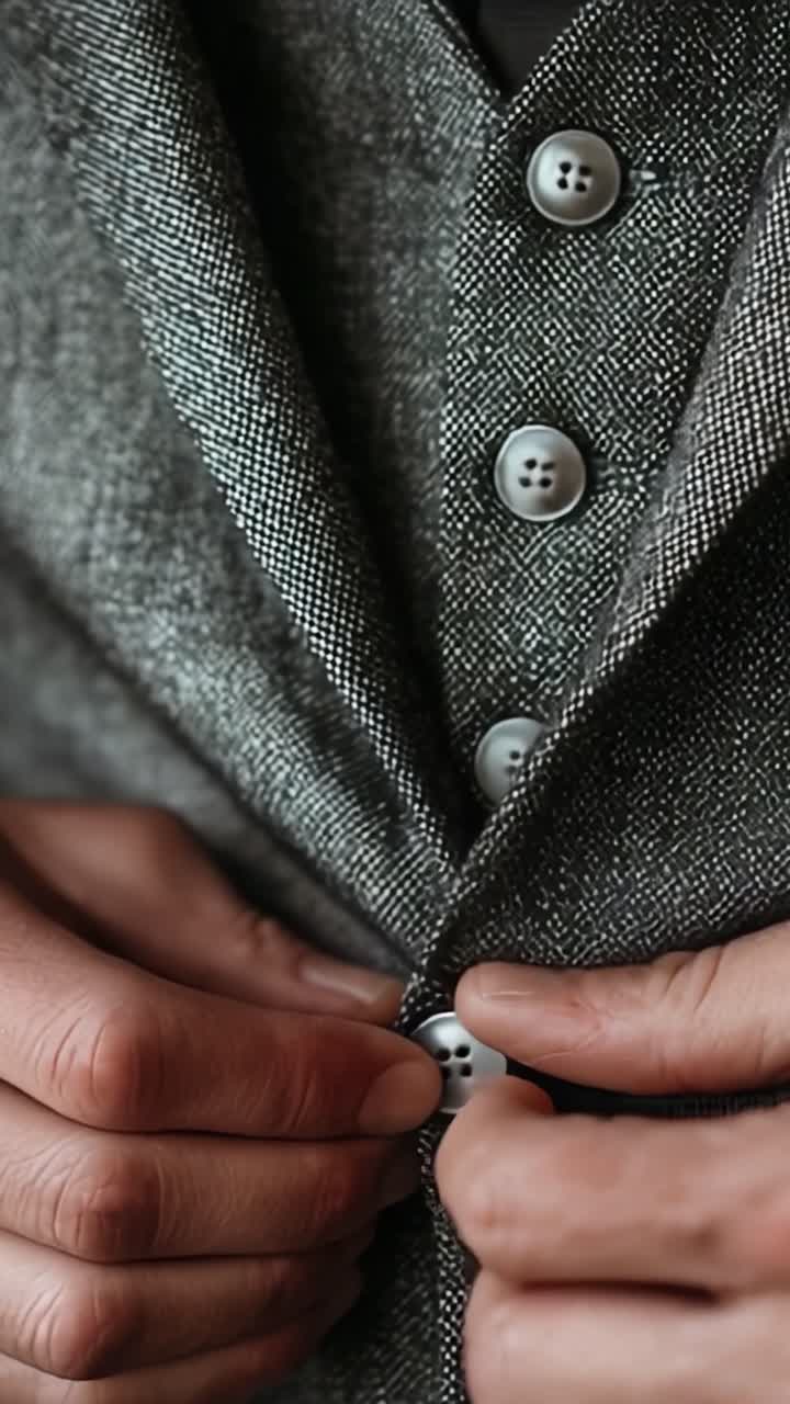 Berkancing Elegan: Close-up Jaket Jas Kain Abu-abu Berkelas, Menonjolkan Bahan Bertekstur serta Detail Artistik Kancing dan Jahitannya.