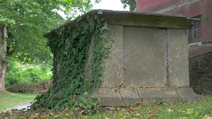 Una tomba a cassa coperta d'edera. Video stock.