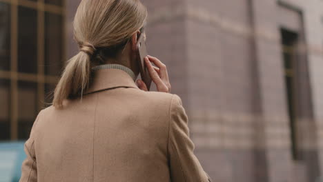 Rear-view-of-caucasian-charming-businesswoman-in-elegant-clothes-walking-on-the-street-and-talking-on-the-phone