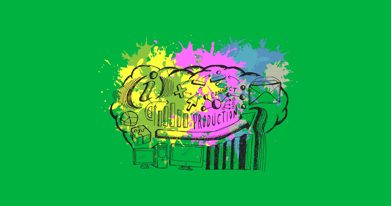 Digital animation of multiple business concept icons over paint splash against black background