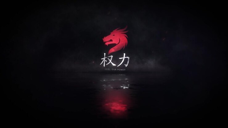 Rivelazione logo drago cinematografica con effetti di fuoco e fumo