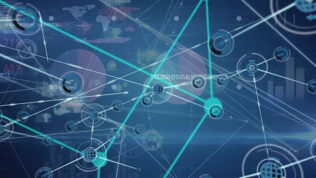 검은색 배경에 데이터 처리에 대한 아이콘으로 연결 네트워크의 애니메이션