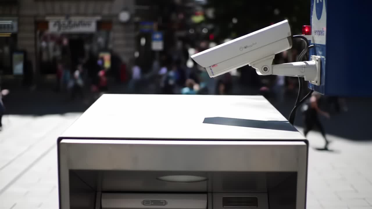 Sistema di sorveglianza sopra lo sportello automatico: Un primo piano di una telecamera di sicurezza installata su un bancomat in un'area pubblica affollata, che monitora l'attività e garantisce la sicurezza.
