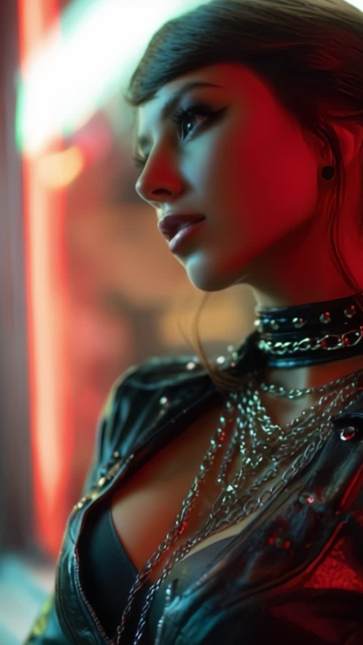 Un ritratto accattivante di una donna alla moda adornata con catene e pelle, che assume una posa sensuale sotto vivaci luci al neon, incarnando un'estetica audace e all'avanguardia