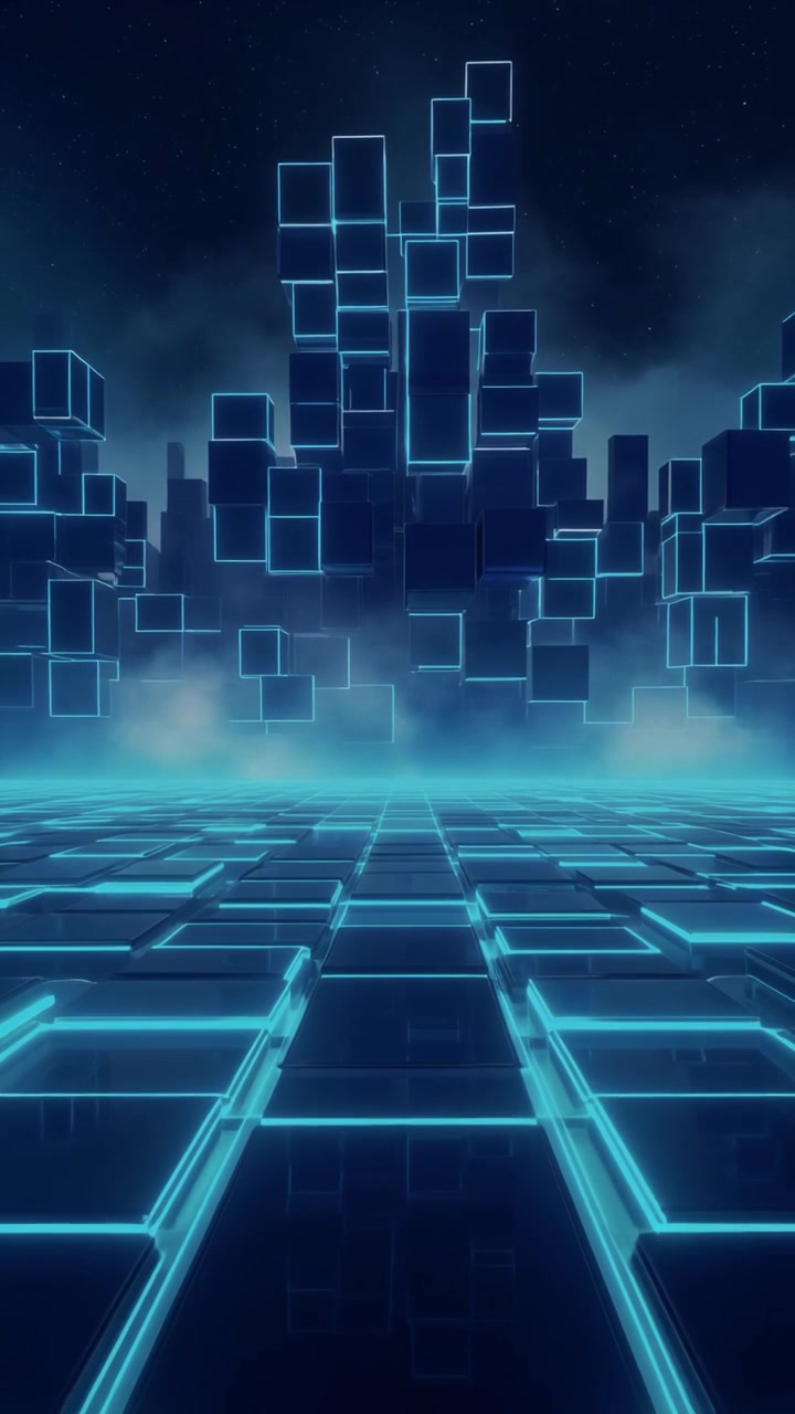 Abstract Digital Cityscape with Glowing Blue Neon Cubes