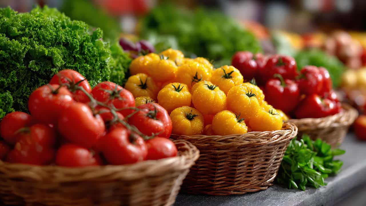Vibrant Display of Fresh Produce Featuring Colorful Tomatoes and Lush Greens in Baskets, Showcasing Nature's Bounty at a Local Market Setting