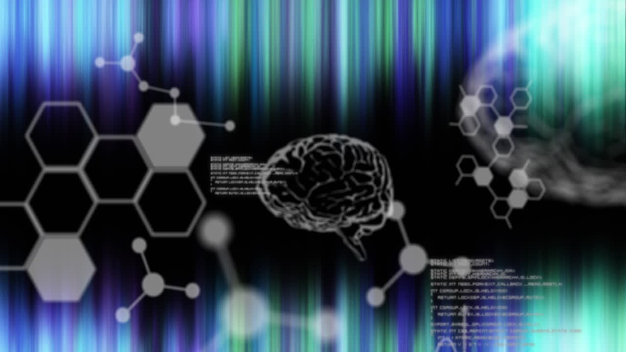 Cérebro humano, estruturas químicas e moleculares em contraste com processamento de dados e rastros de luz verde