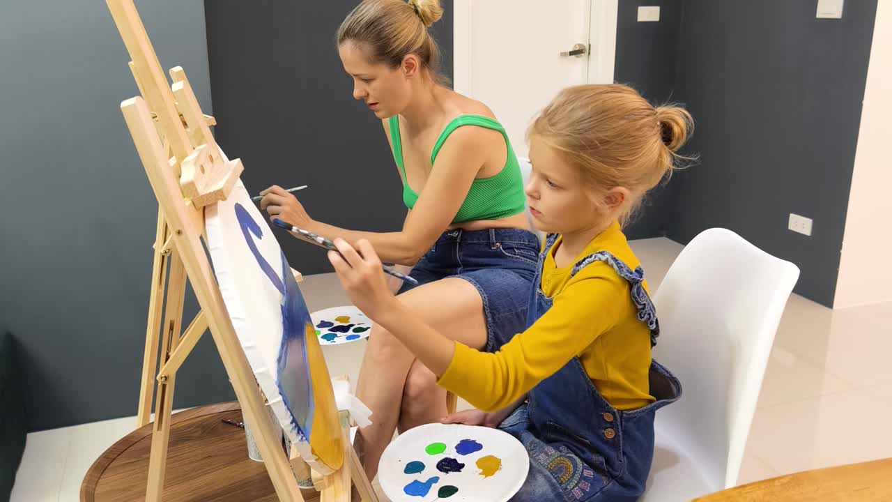 Mãe e filha pintando juntas
