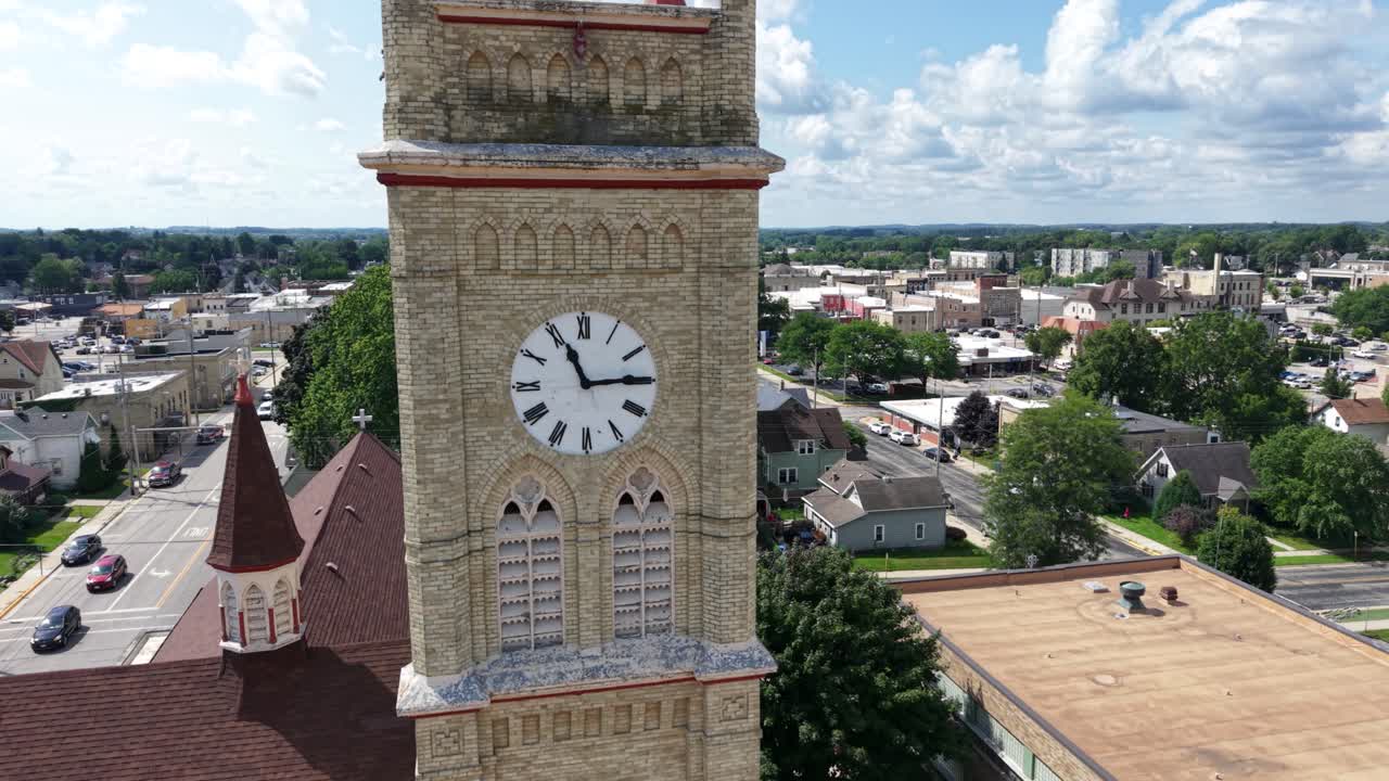 Church clocktower aerial drone orbit
