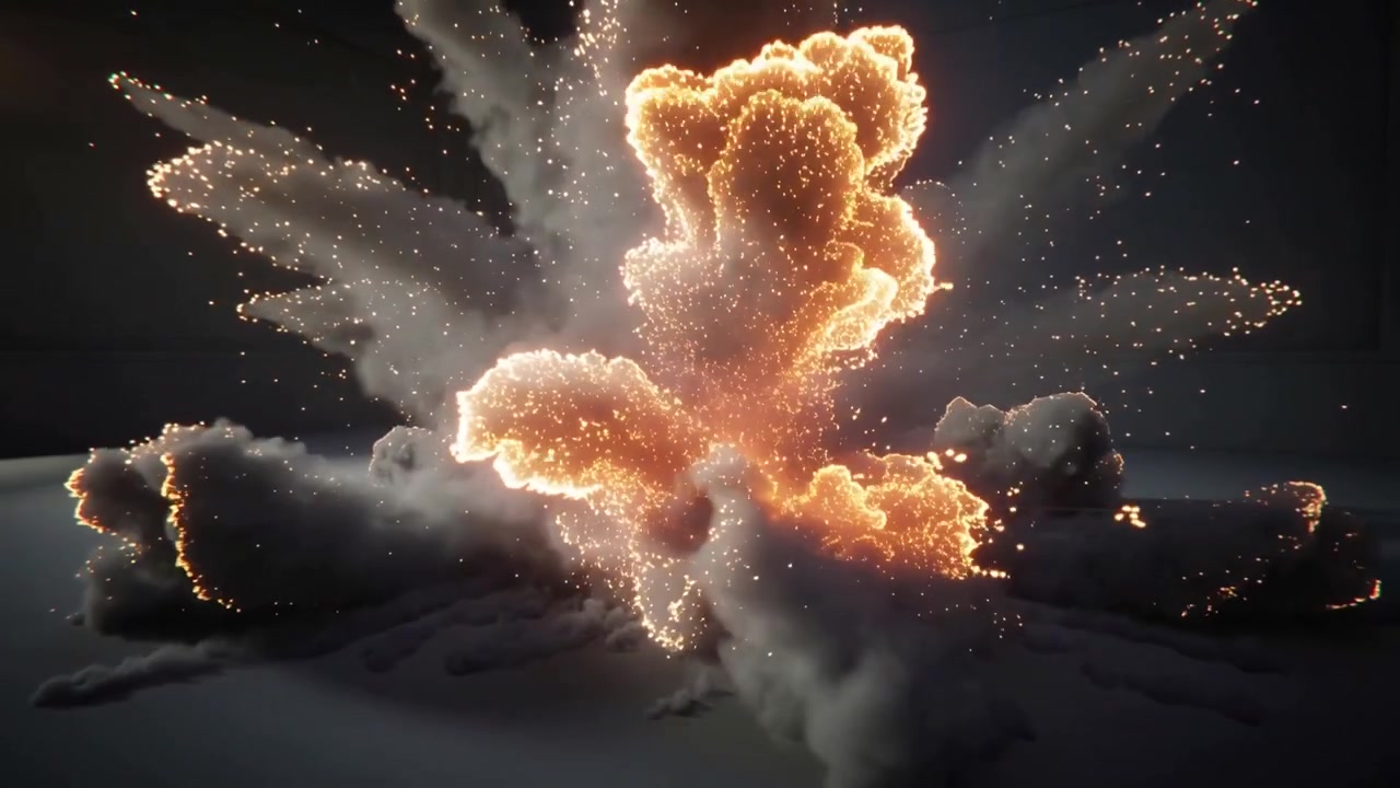 Accensione al centro del pavimento, una palla di fuoco simulata che emette pennacchi di fumo e scintille in studio per la ripresa.