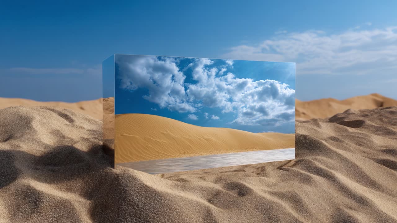 Reflective Surface in Desert Landscape Capturing Clouds and Dunes - A Stunning Visual Representation of Nature's Beauty and Serenity Amidst a Sandy Terrain