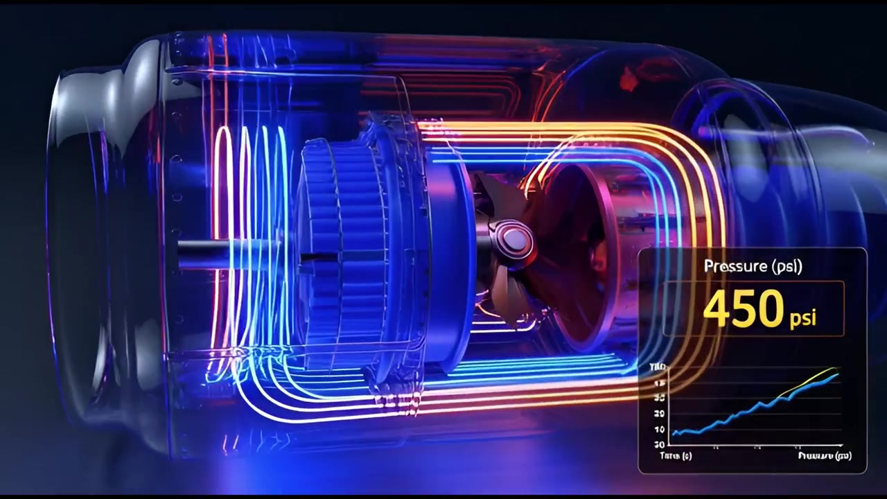 Futuristic Engine with Glowing Fluid Flow and Pressure Measurement