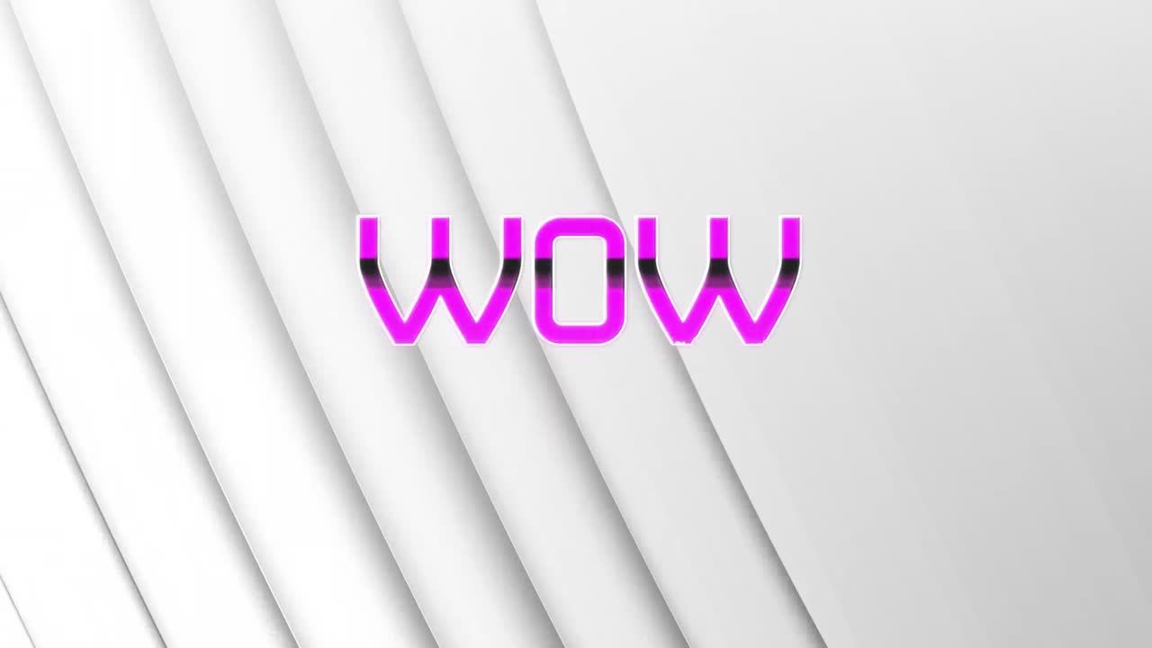 Animation of wow text over stripes on white background
