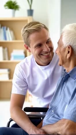 male elderly caregiver next to an senior woman in a wheelchair in a nursing home.
