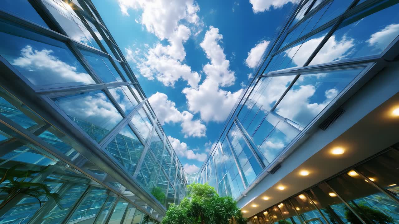 A Stunning Architectural View of a Modern Glass Atrium, Highlighting the Reflection of Breathtaking Blue Skies and Fluffy White Clouds against Sleek Transparent Panels in a Contemporary Space