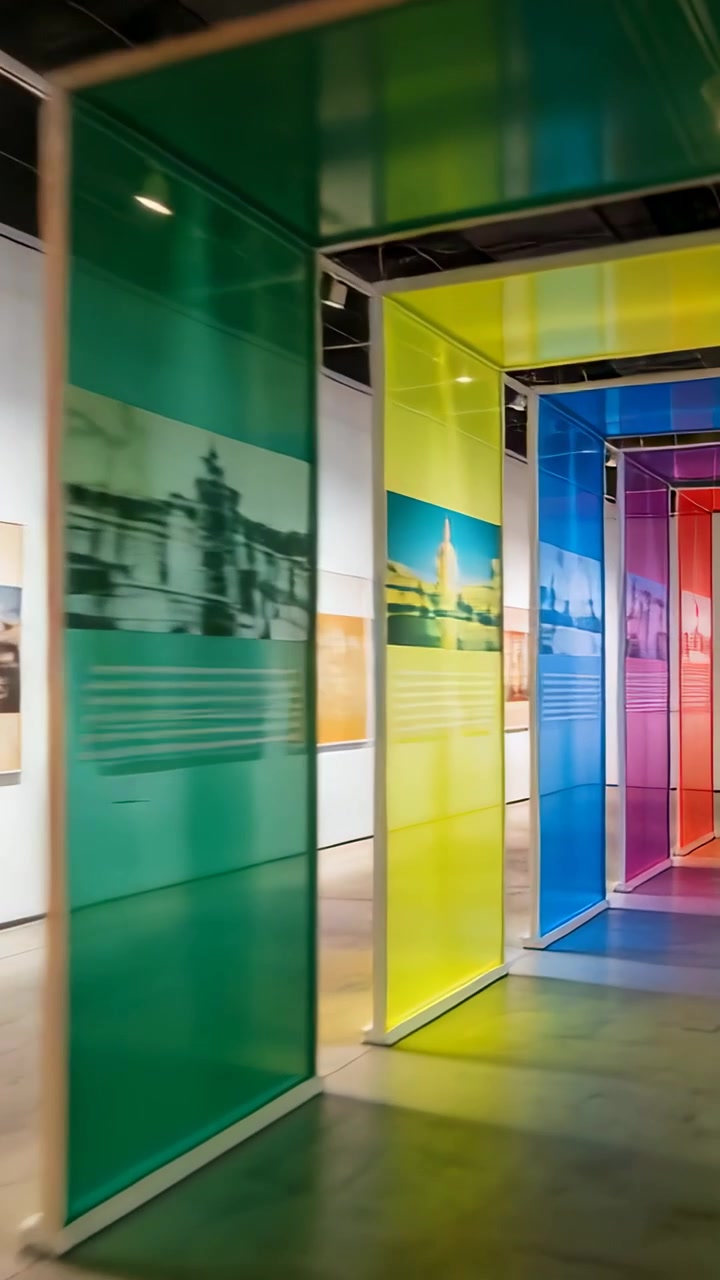 Vídeo vertical: Câmera avançando, revelando túnel de painéis coloridos em galeria, com estruturas metálicas.