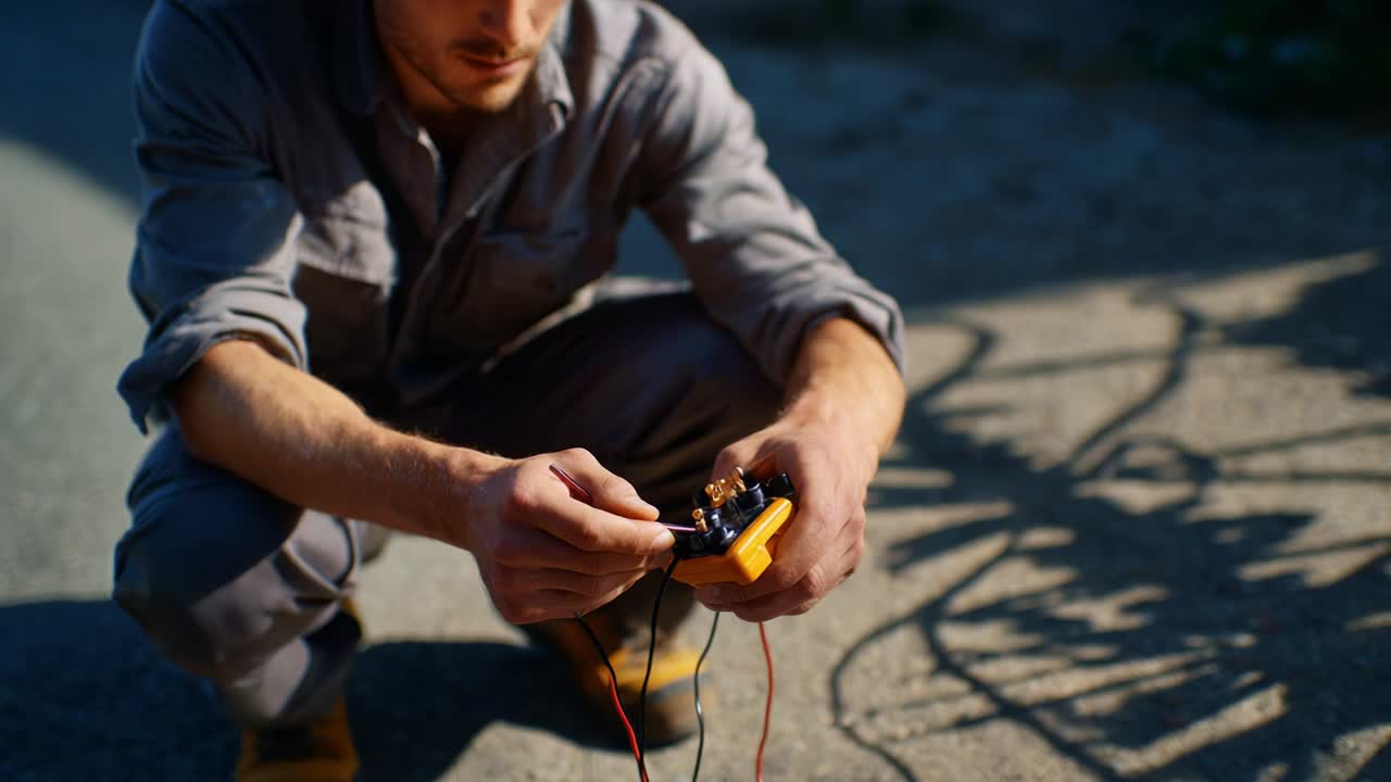A technician carefully examines and tests a circuit with a multimeter, showcasing the intricate work involved in electrical troubleshooting and the delicate balance of technology and skill on a roadside setting