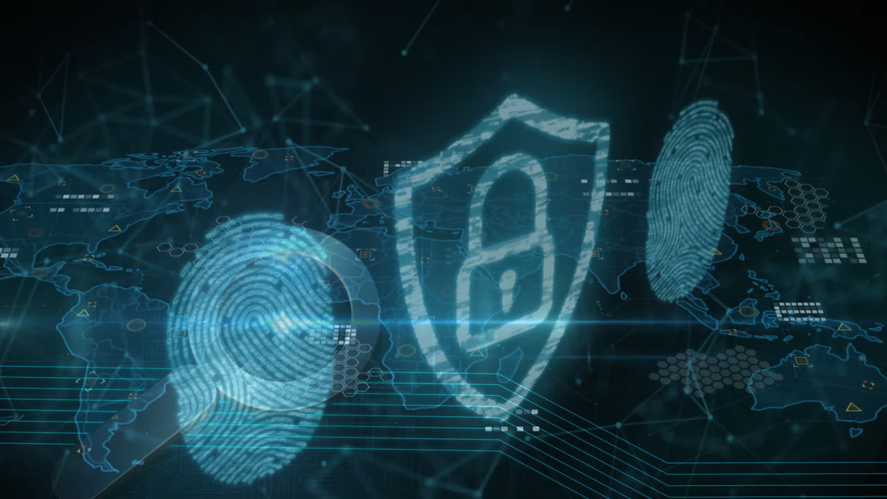 animazione di lucchetti digitali, impronte digitali biometriche e elaborazione dei dati.