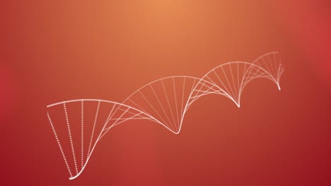 Animation-Von-Partikeln,-Die-Eine-DNA-Struktur-Vor-Orangefarbenem-Hintergrund-Bilden