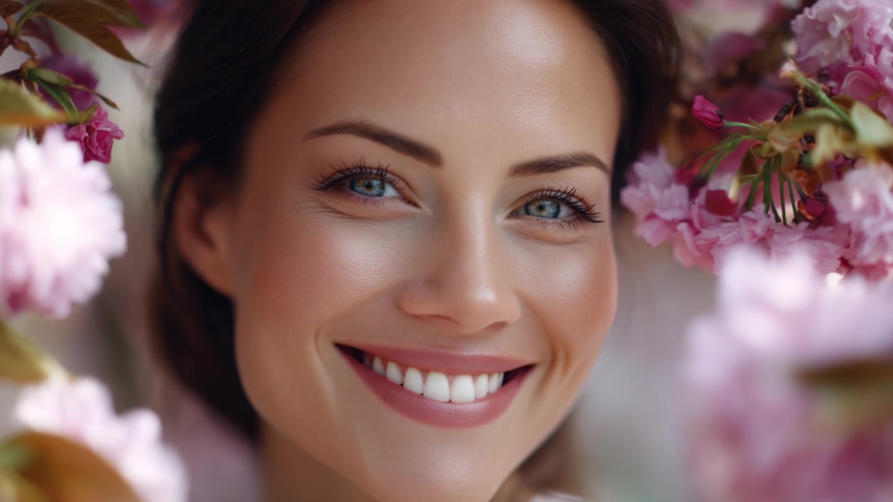 Una donna gioiosa circondata da fiori di ciliegio rosa, che mostra il suo sorriso radioso e i suoi occhi blu vivaci, catturando armoniosamente l'essenza della bellezza e della natura.