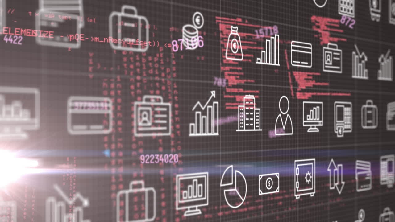 animación de múltiples números cambiantes e iconos digitales contra el procesamiento de datos y el punto de luz.