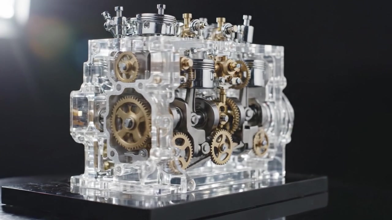 Detailed Close-Up of a Transparent Engine Model Showcasing Internal Mechanisms, Pistons, and Gears, Perfectly Engineered for Educational Purposes in Mechanical Design.
