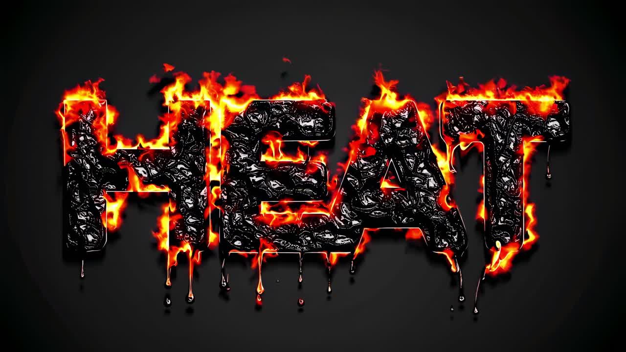 Heat word with melting and dripping black and orange texture with fire flames, on a dark gray background, representing hot temperature and climate change