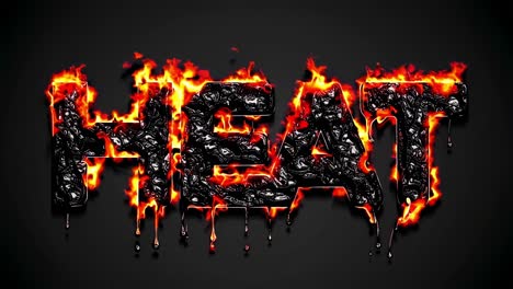 heat word with melting and dripping black and orange texture with fire flames, on a dark gray background, representing hot temperature and climate change