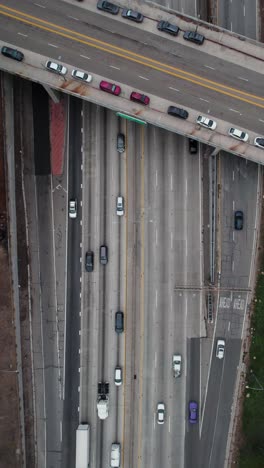 vertical aerial view of us-101 highway, hollywood freeway, downtown los angeles california usa, high angle drone shot