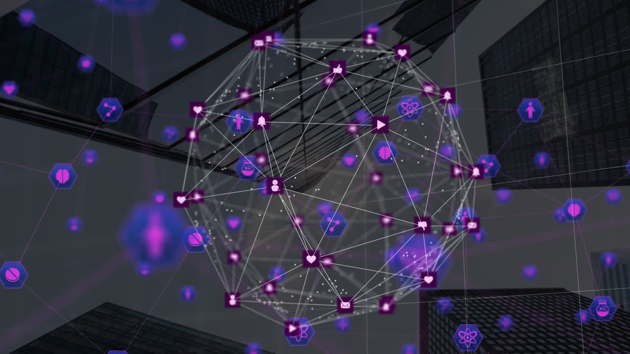 Animation of network of connections with icons over cityscape
