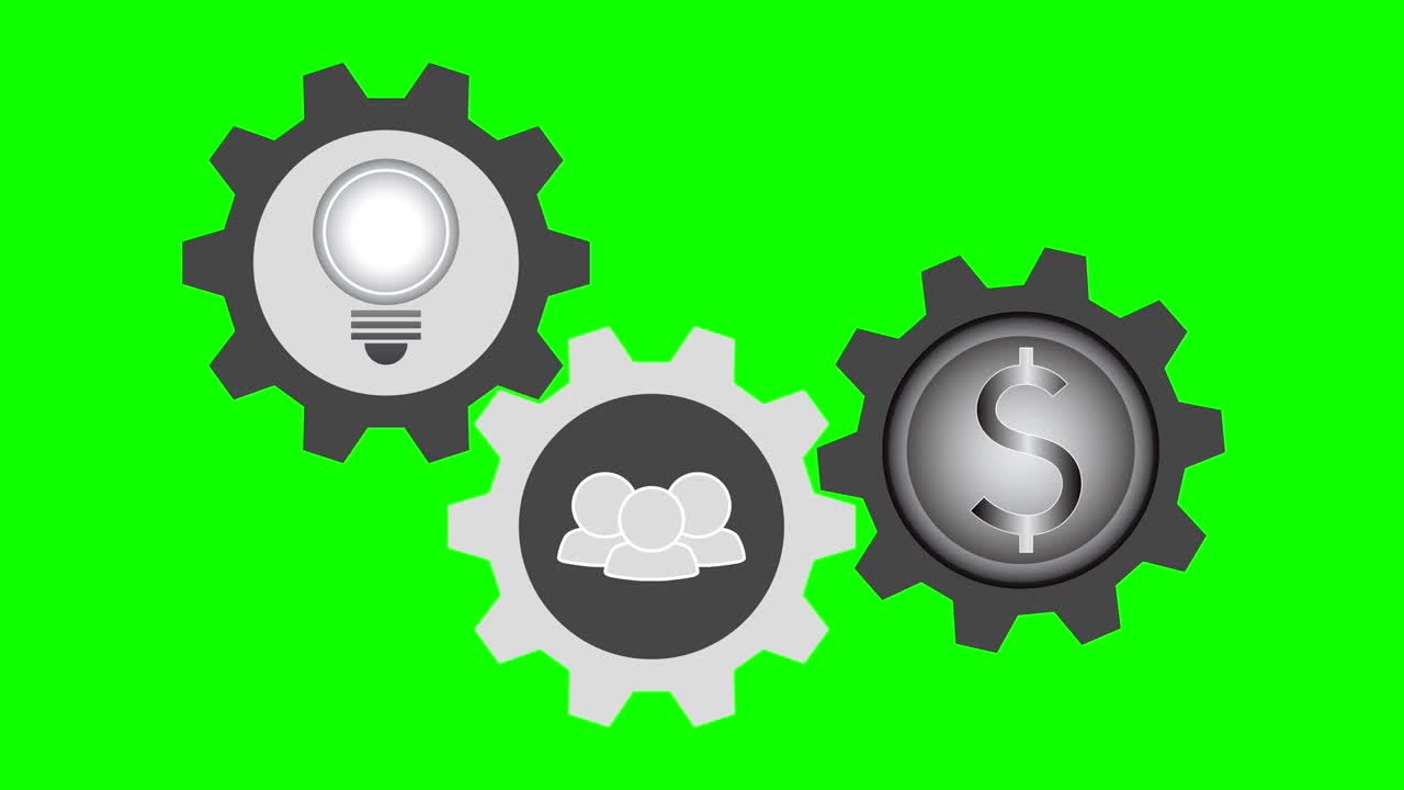two dimensions ultra high definition resolution flat animation of three symbols in rotating gears, light bulb idea, doing teamwork, money coin, gray scale color on green screen chromakey background, thirty frame per second