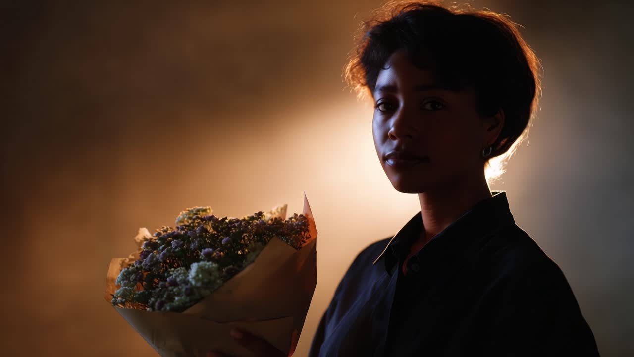 Primer plano de una persona sosteniendo un ramo de flores preciosas con un fondo de iluminación suave, enfatizando las emociones y la conexión con la naturaleza.
