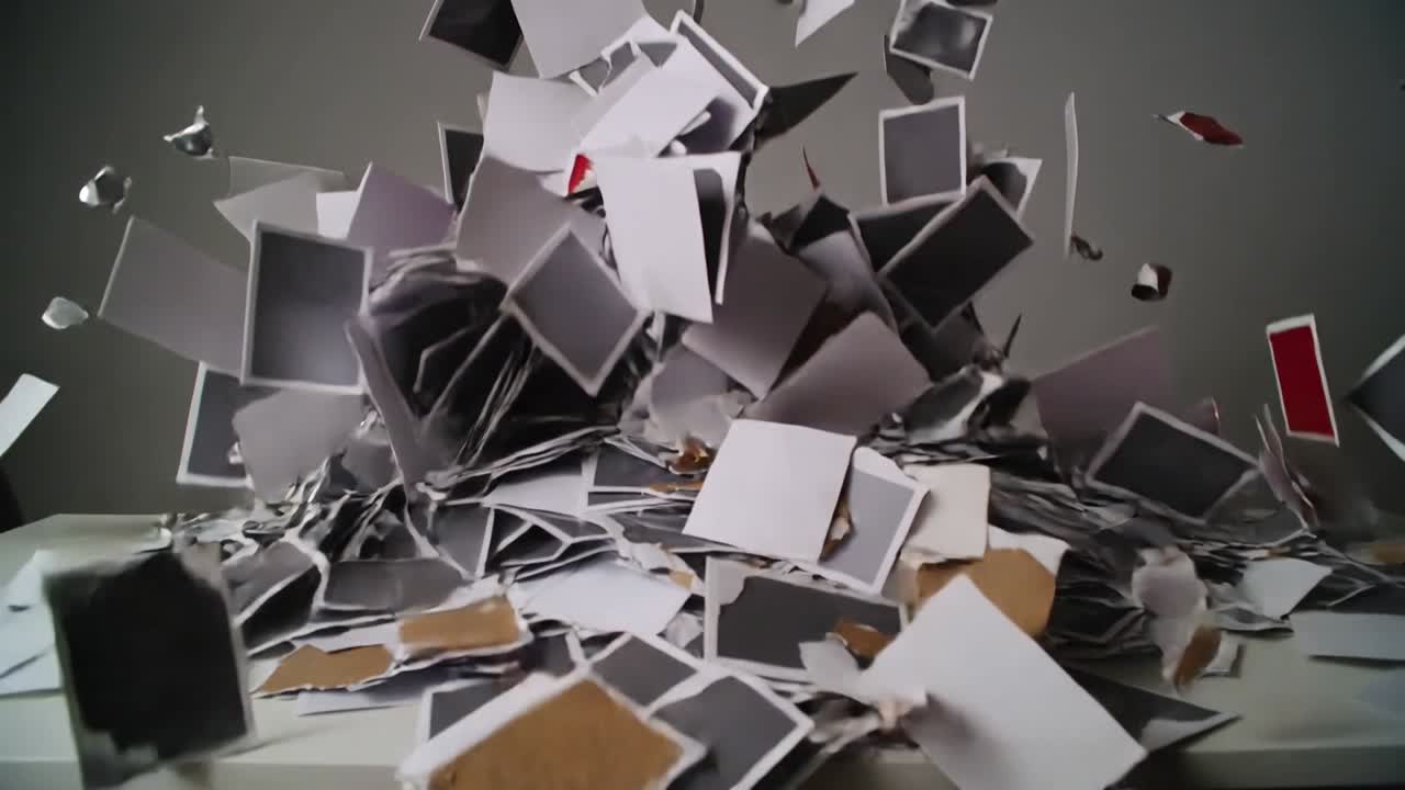 Lifting top cards, pile exploding outward over white table, showing red black torn cardboard