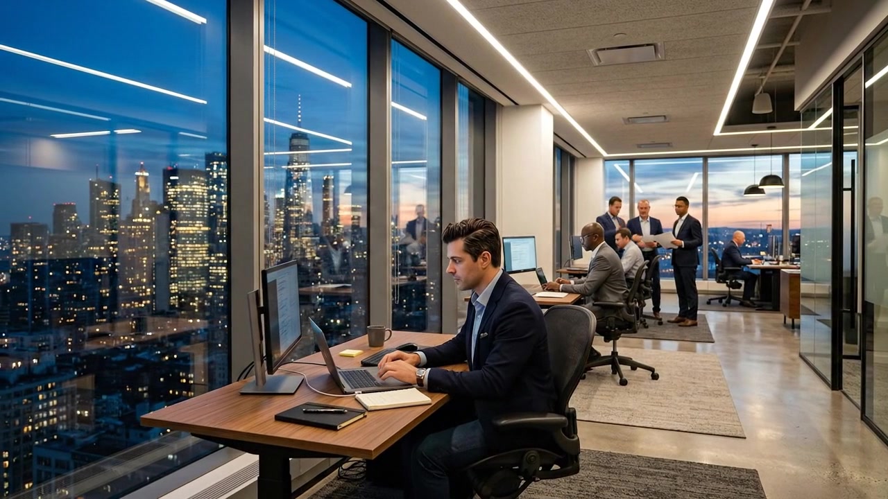 Professional Man Working on Laptop in Modern Office at Night