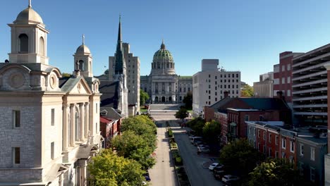 aerial slow push into the pennsylvania state house in harrisburg pennsylvania