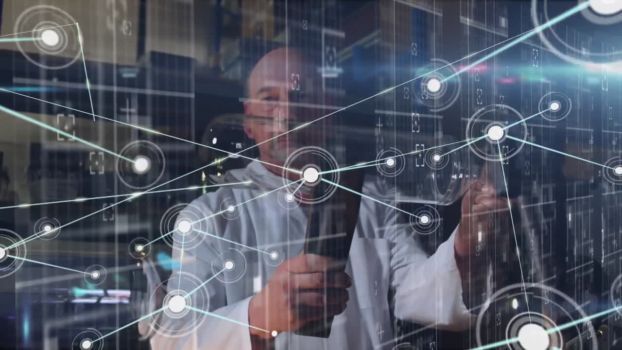 Animation of network of connections over caucasian male scientist working in lab