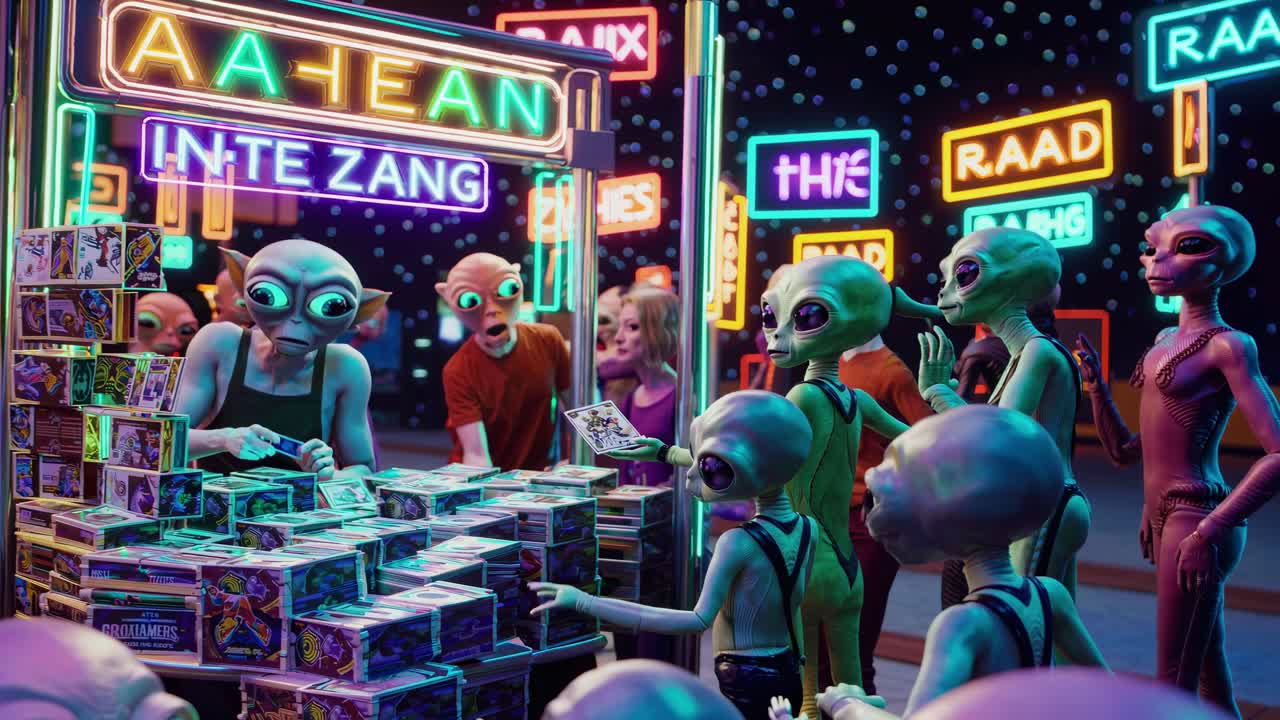 보라색 외계인과 인간 판매자들은 네온 표지판으로 조명된 다채로운 상품으로 가득 찬 활기찬 야간 시장 스탠드에서 거래를 수행합니다.